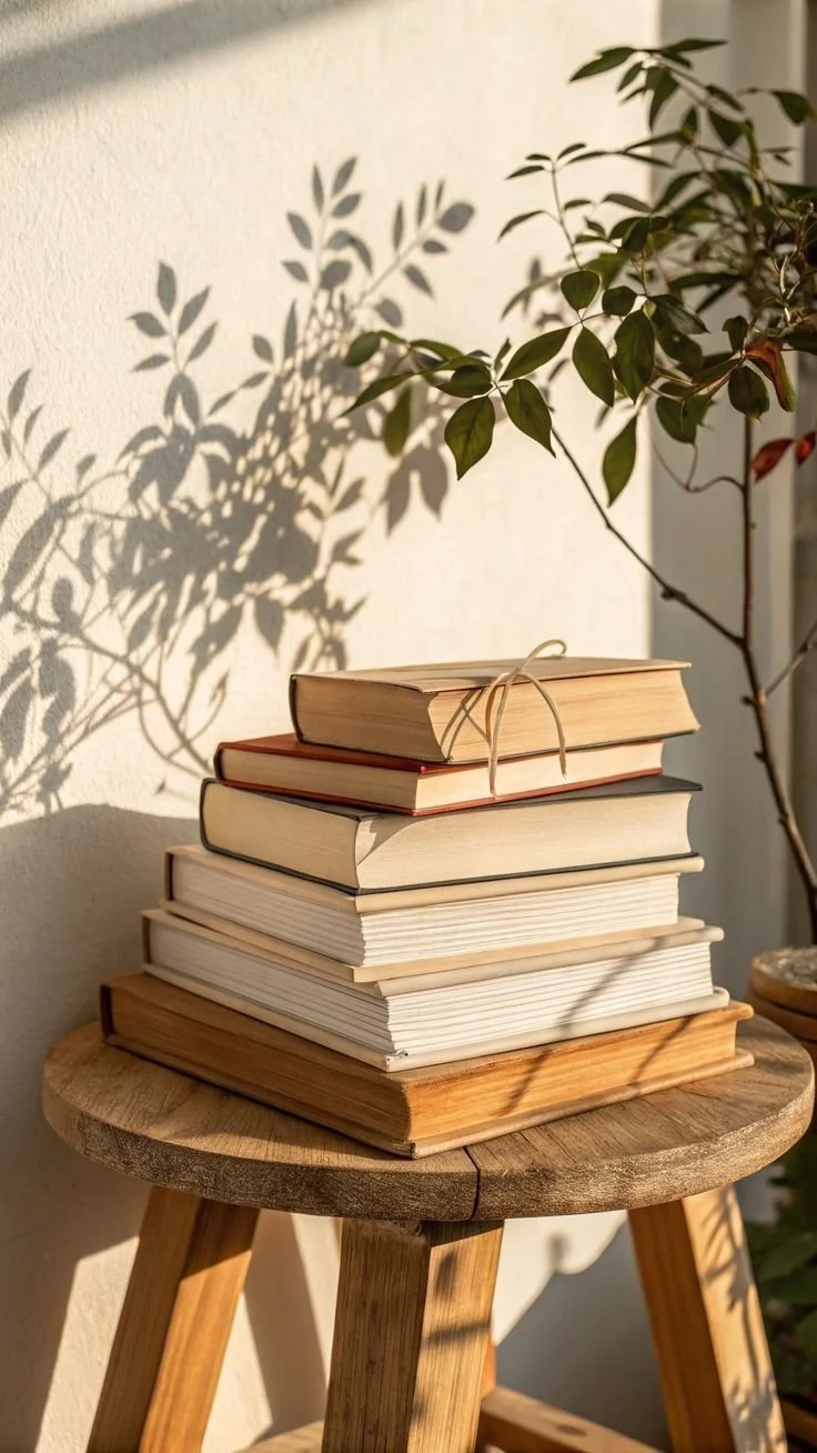 A stack of seven books on a wooden stool with sunlight casting shadows of a plant's leaves on the wall behind.