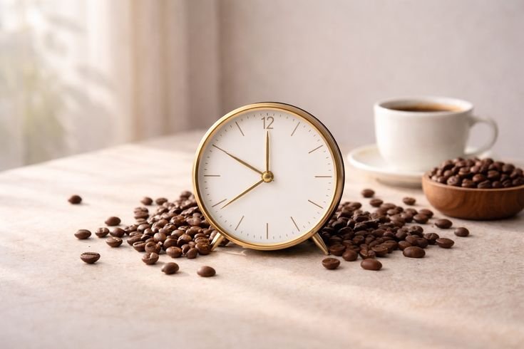 A round white clock with a gold rim showing 11:11, surrounded by scattered coffee beans, with a cup of coffee and a bowl of coffee beans in the background on a light-colored surface.