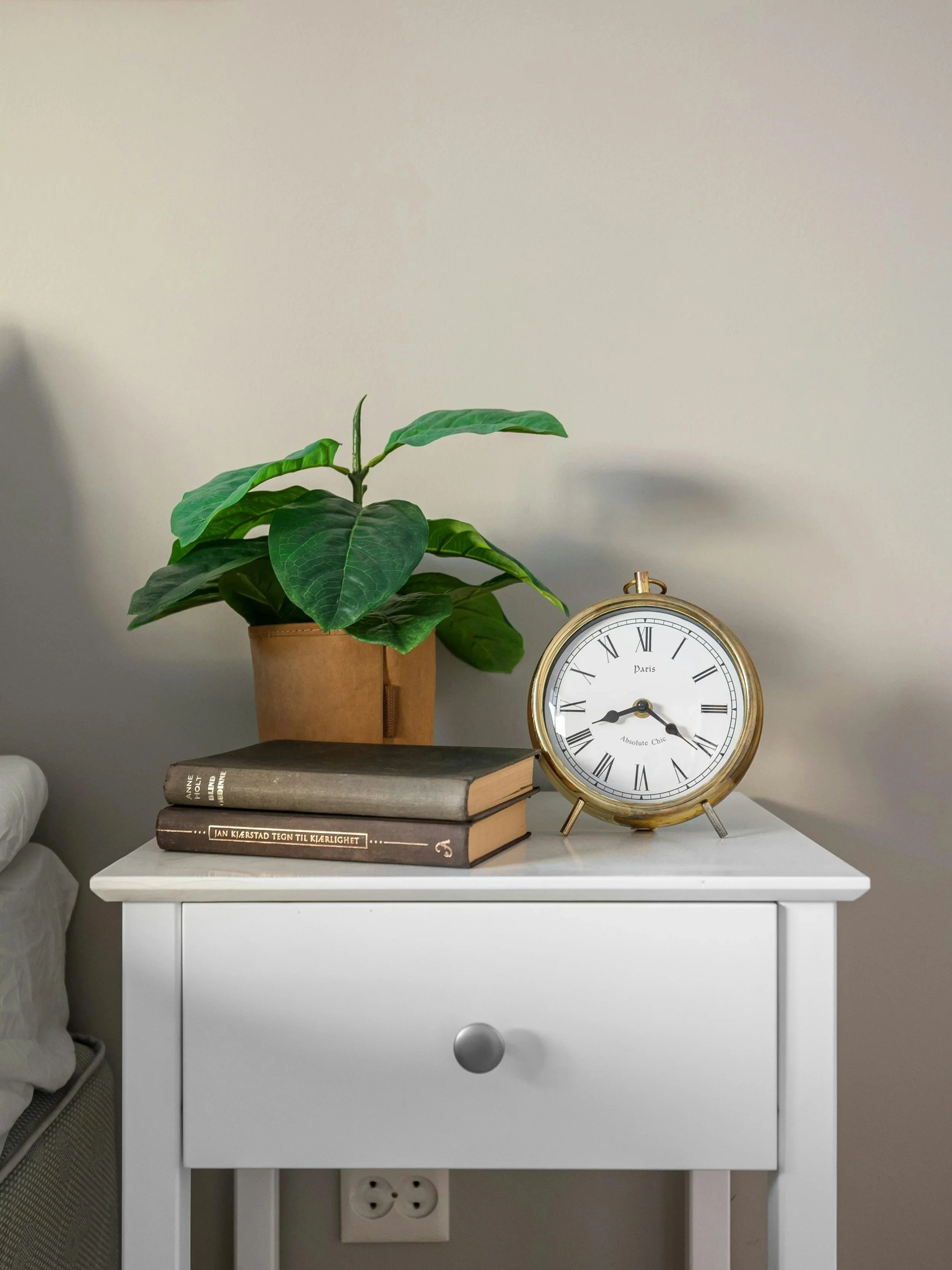 A white nightstand with a drawer, on top there is a potted plant with large green leaves, two closed books stacked, and a gold-colored alarm clock showing approximately 9:14.