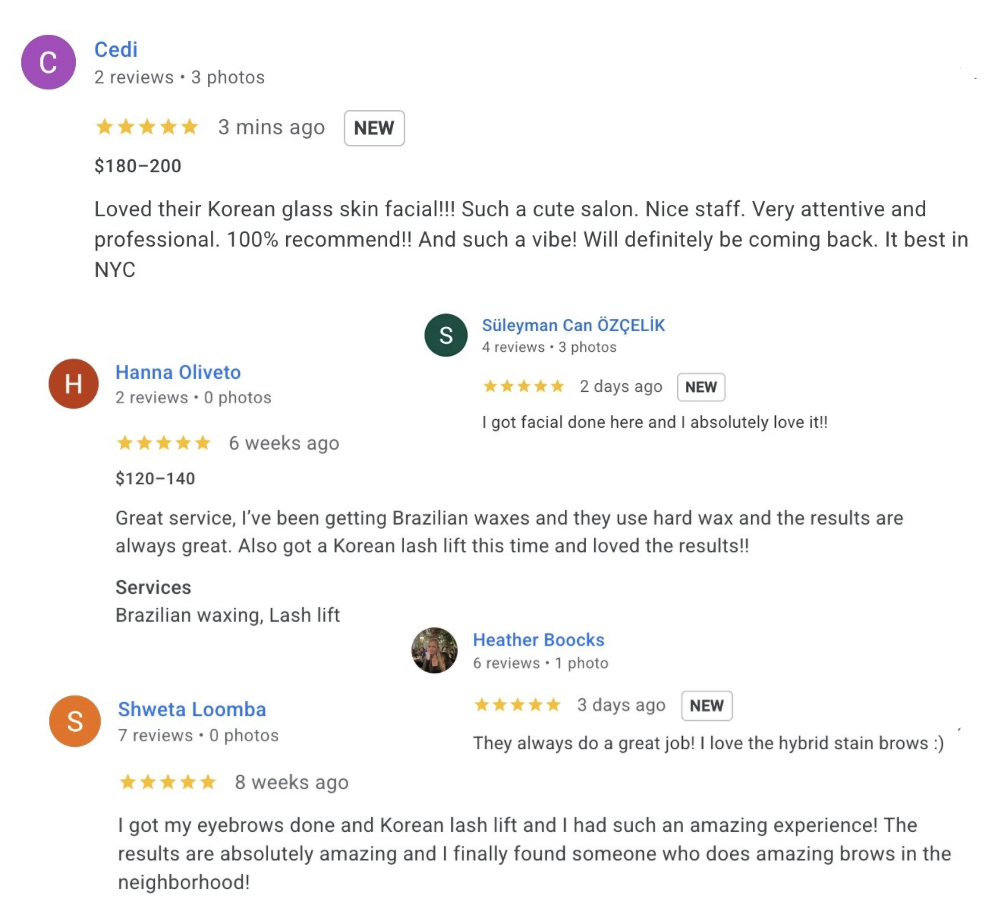 Screenshot of five customer reviews about a Korean skincare and beauty salon, mentioning facial treatments, waxing, lash lifts, and eyebrow services.