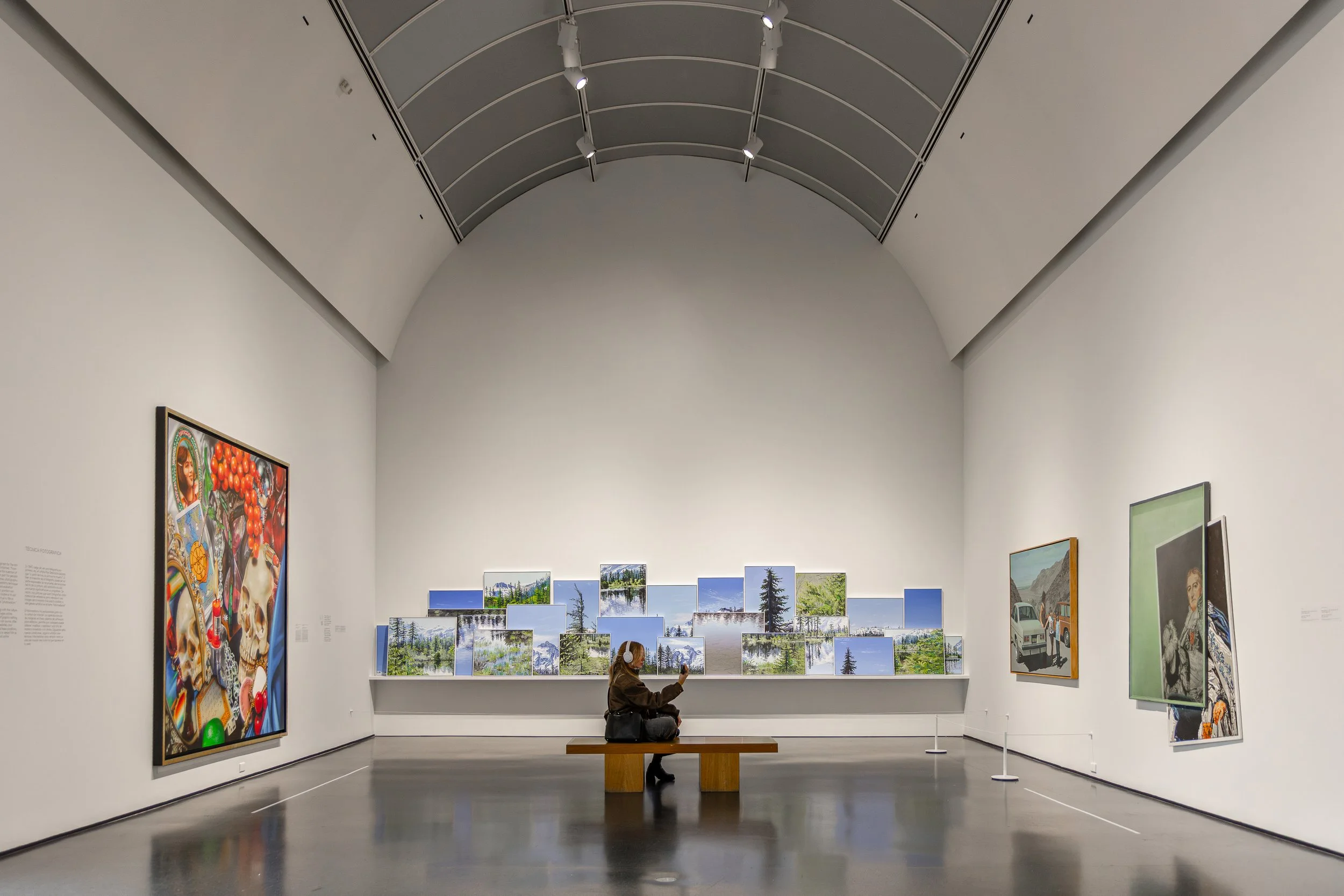 A woman sitting on a bench in an art gallery, looking at an arrangement of landscape paintings on a shelf at the back of the room. The gallery has white walls and a high, curved ceiling with spotlights.