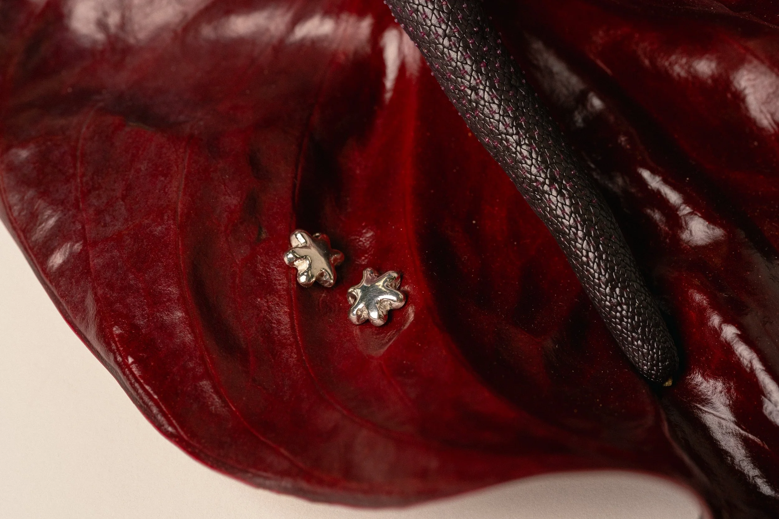 Close-up of a shiny, dark red leather surface with two small metal ornaments and a black textured strap.