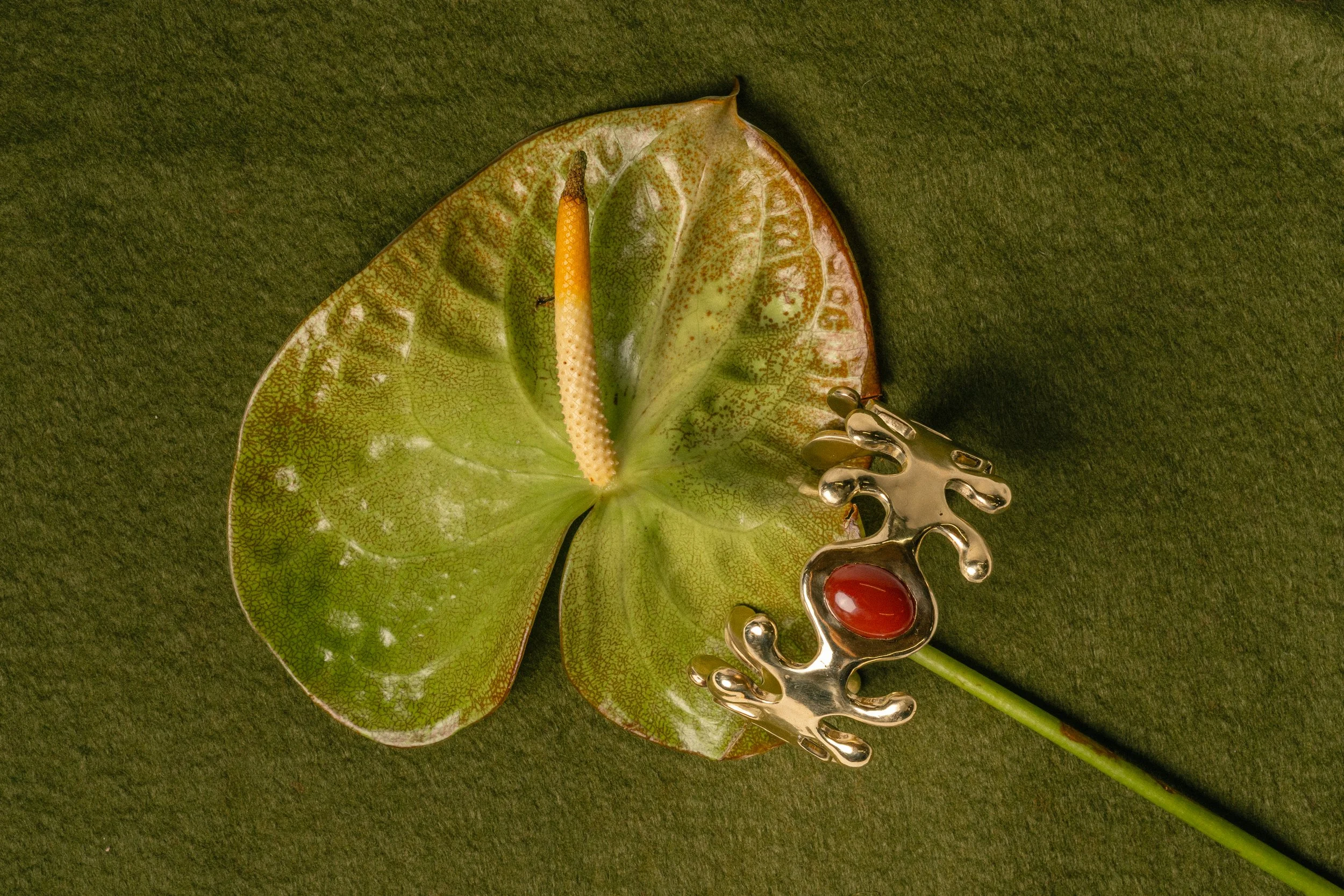 A decorative arrangement featuring a green leaf with a yellow-orange stalk on a dark green surface, adorned with a gold-colored jewelry piece with a red gemstone.