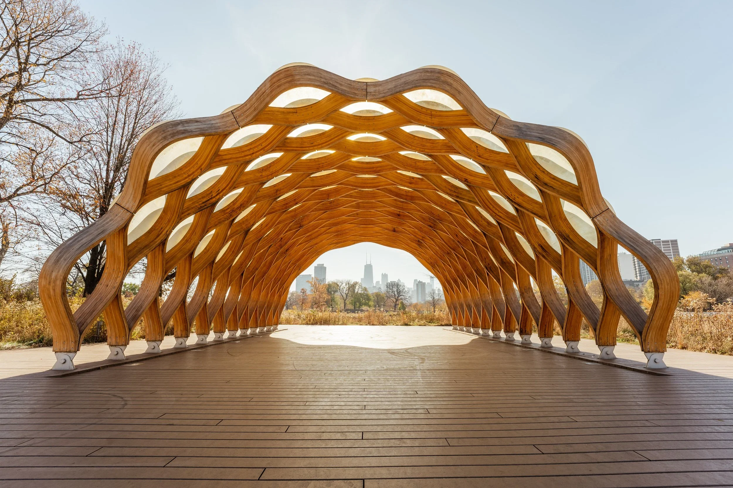 Wooden park pavilion with wavy arches under a clear sky, with city skyline in the background.