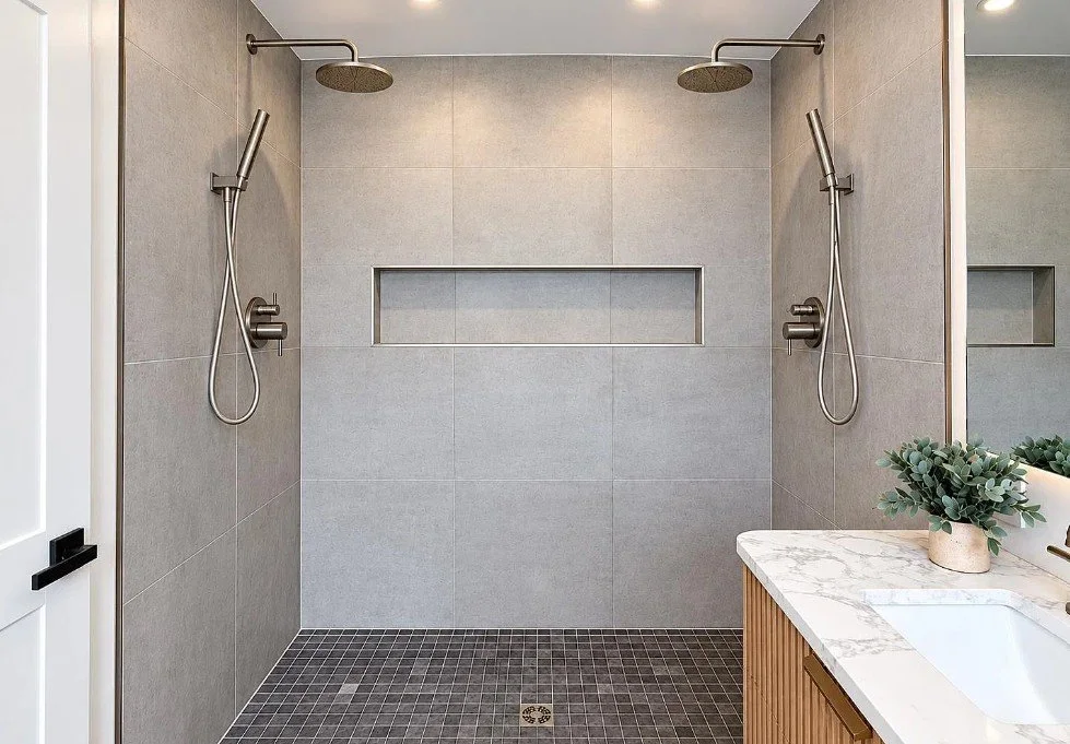 Modern dual-shower bathroom with gray tile walls, two overhead rain showerheads, and handheld showerheads, with a built-in shelf in the wall for storage, and a marble counter with a plant on it.