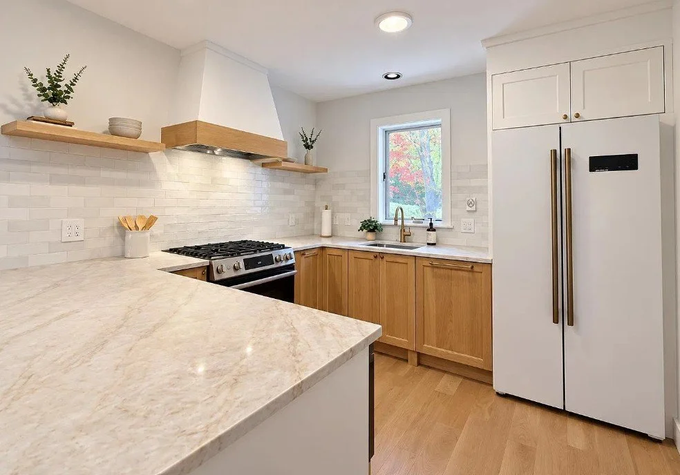 Modern kitchen with white cabinets, wooden lower cabinets, marble countertops, and a white refrigerator. Small window behind the sink shows trees outside, and shelves above the stove display plants and bowls.