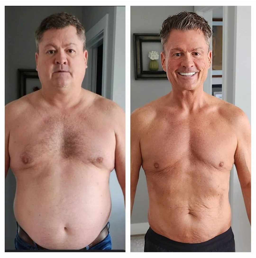 Before and after comparison photos of a middle-aged man showing weight loss and muscle toning transformation, shirtless, smiling in the after photo.
