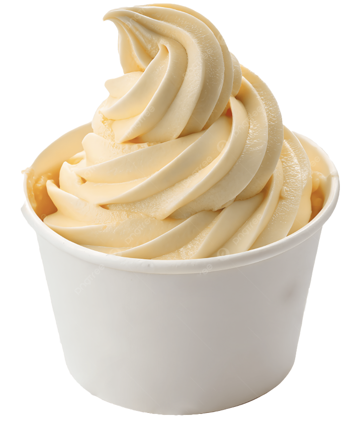 Swirling cup of vanilla soft-serve ice cream in a white cup