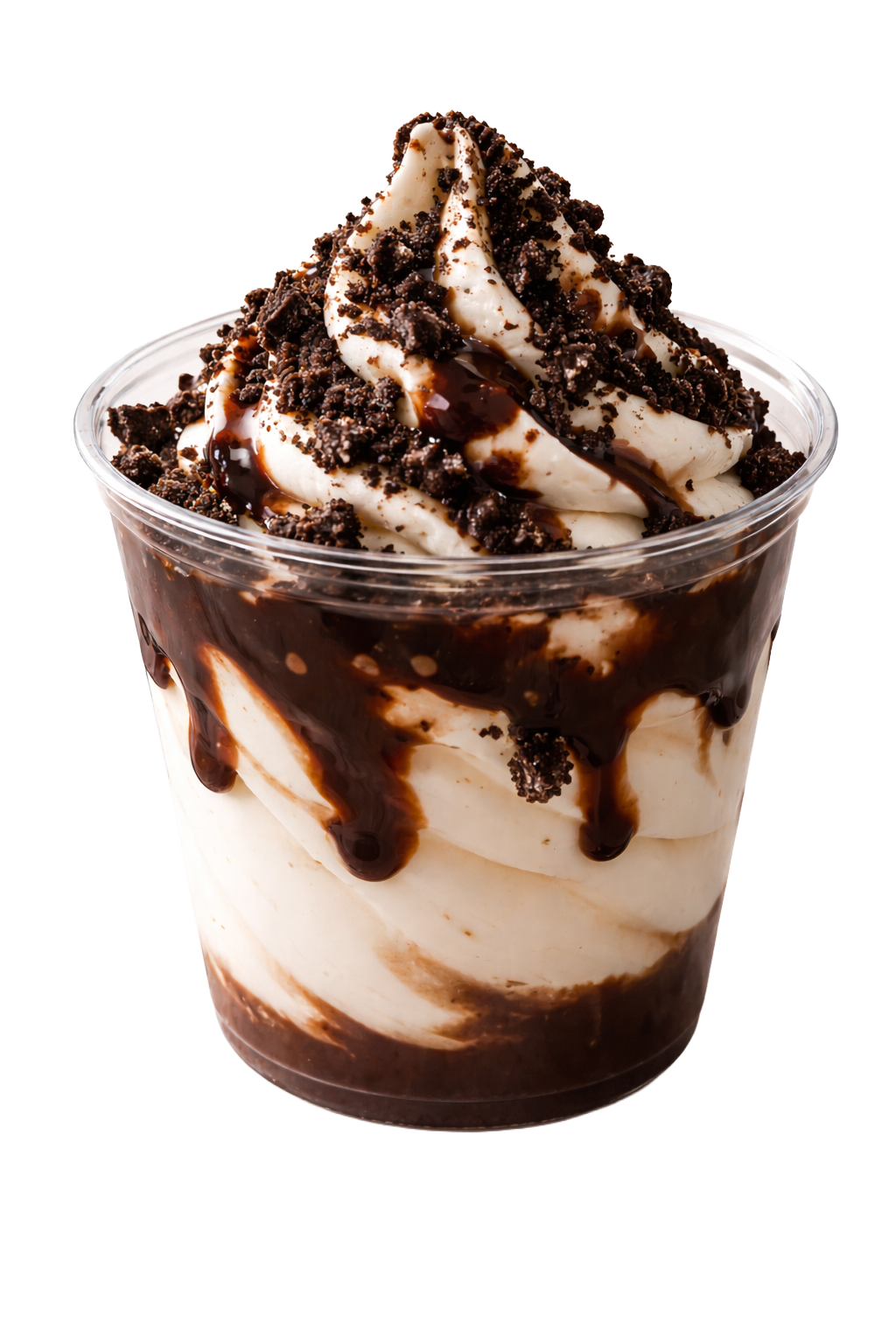 A cup of soft serve vanilla ice cream topped with chocolate syrup and crushed cookies.