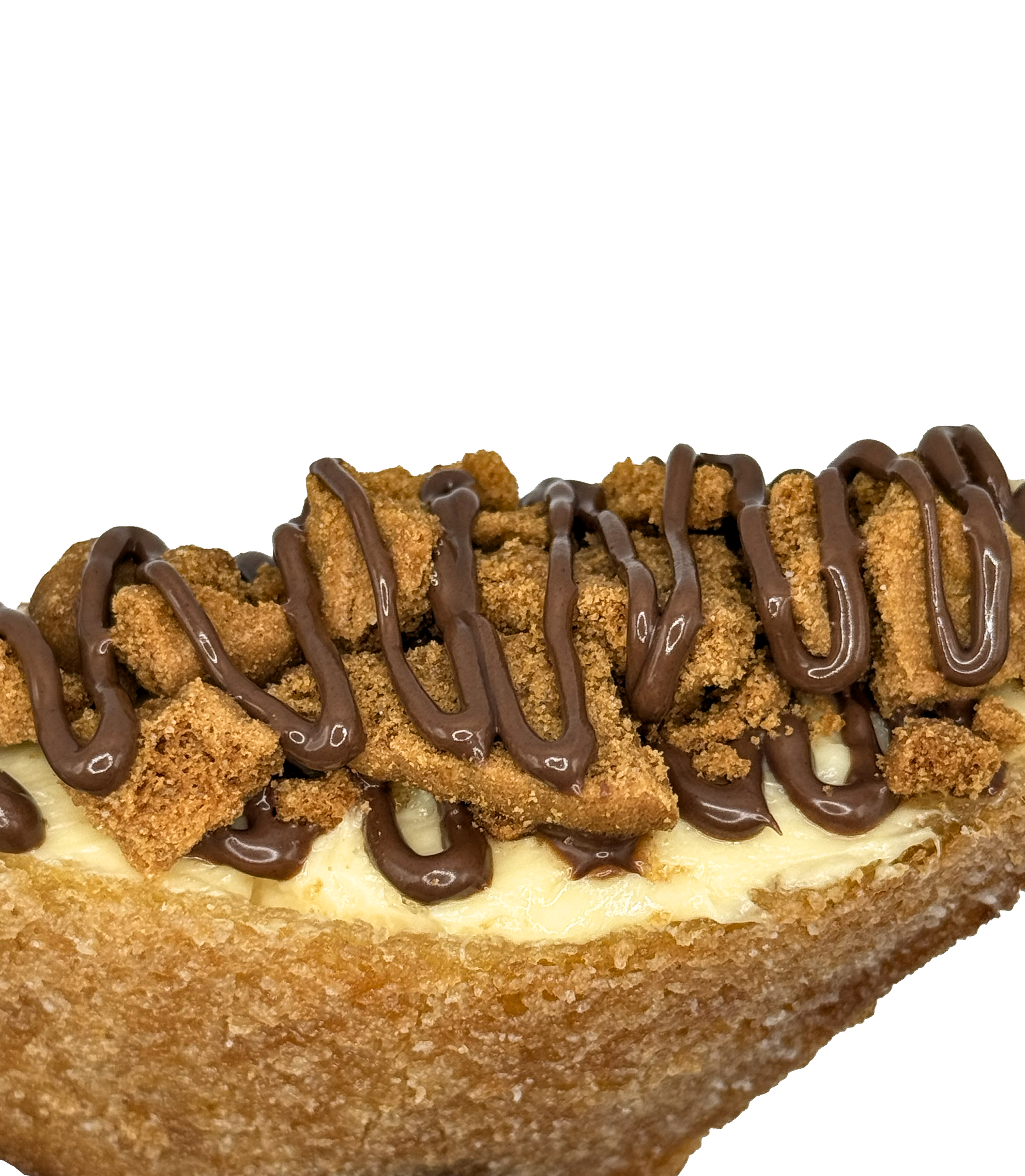 Close-up of a slice of creamy pudding topped with crushed graham crackers and drizzled with chocolate sauce.