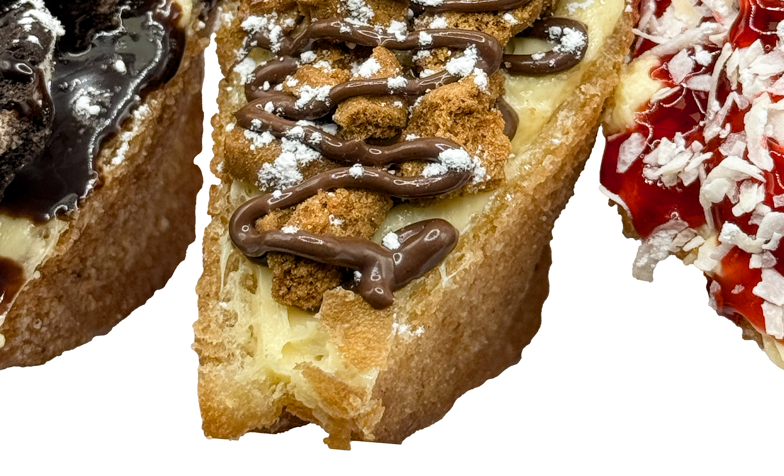 Three decorated pastries in a row: the middle pastry has a crumb topping, drizzled with chocolate and powdered sugar; the pastry on the left has a glaze and fruit topping, and the pastry on the right has a red icing with white shredded coconut.