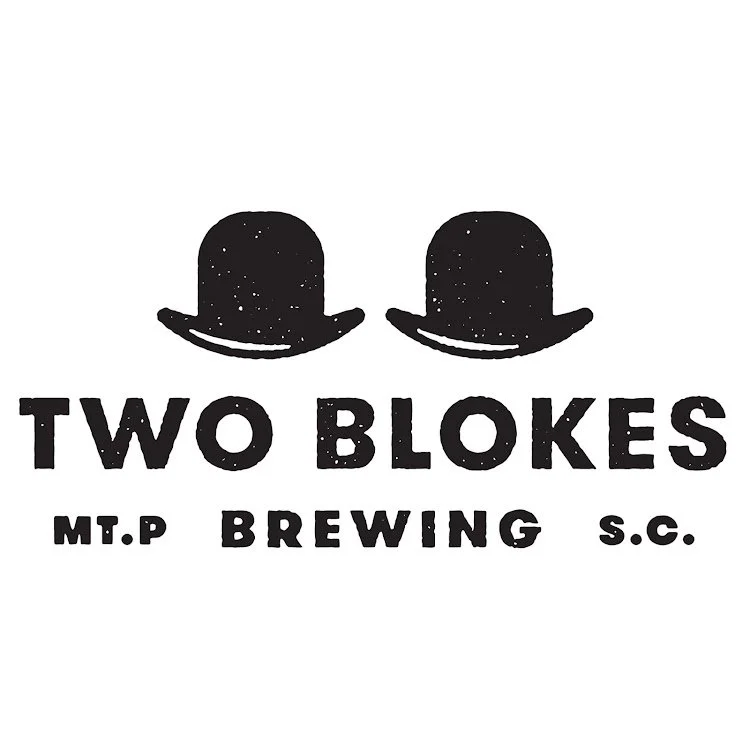 Logo of Two Blokes Brewing featuring two black bowler hats with speckles, and text "Two Blokes Brewing" with location "S.C." and "M.T.P.".