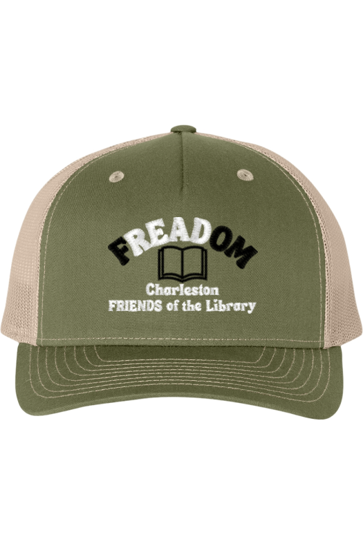 Green and beige baseball cap with embroidered text reading "READ ON" and "Charleton FRIENDS of the Library", and an open book graphic.