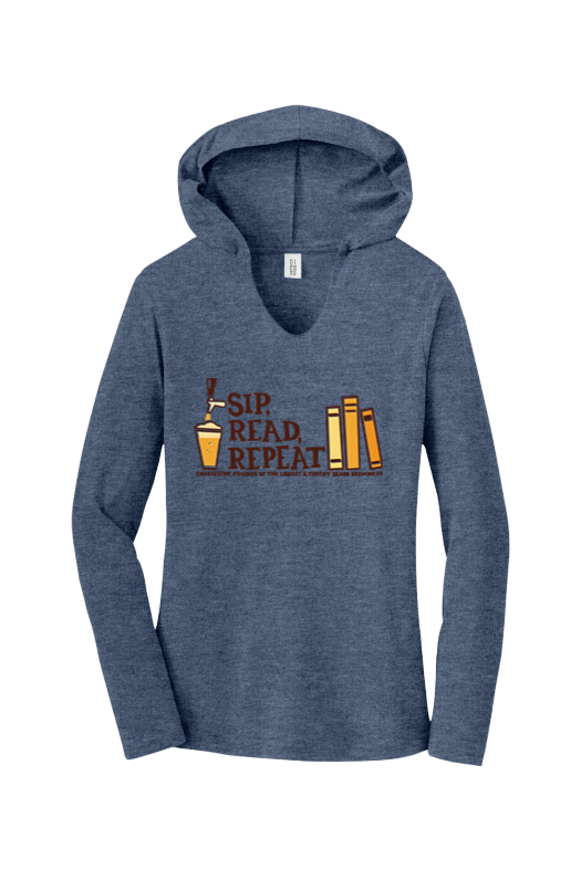 Blue hoodie with a graphic of a drink with a straw, and the text 'SIP, READ, REPEAT' along with a row of books.
