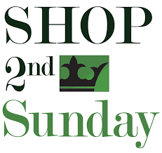 Text reading "Shop 2nd Sunday" with a crown symbol in the middle.