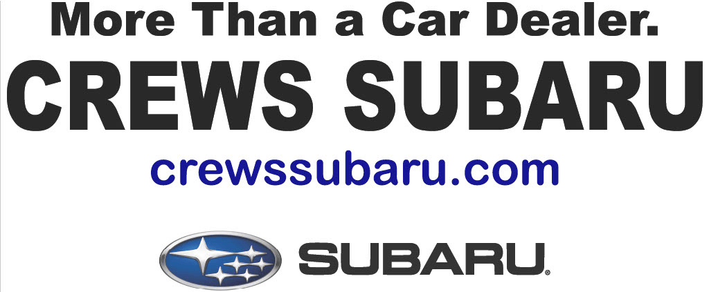 Text advertisement for Crews Subaru car dealership, featuring the subtitle "More Than a Car Dealer," the dealership's website, and the Subaru logo.