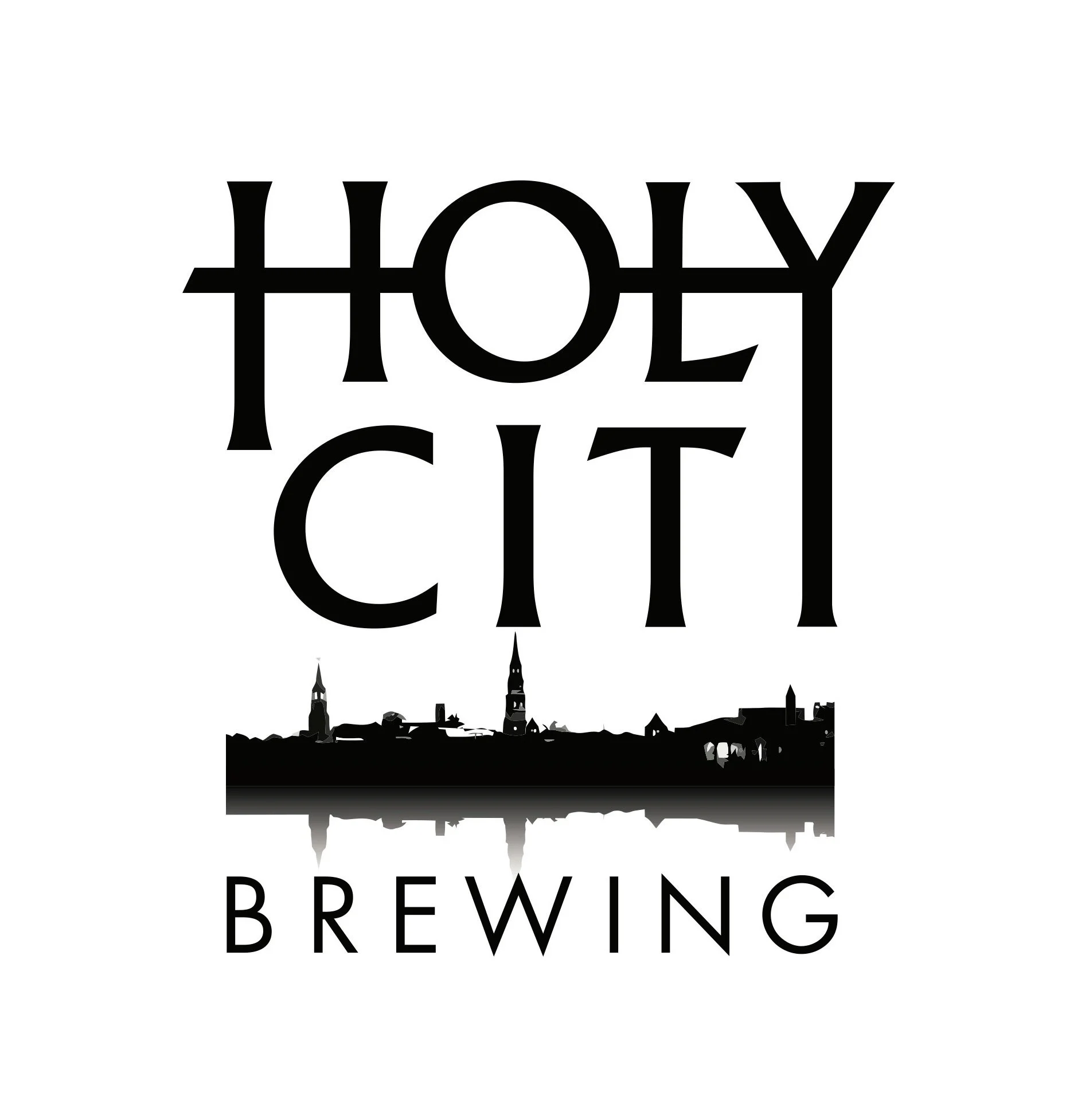Logo for Holy City Brewing featuring a silhouette of a city skyline with a reflection, and the text 'Holy City Brewing' in bold black letters.