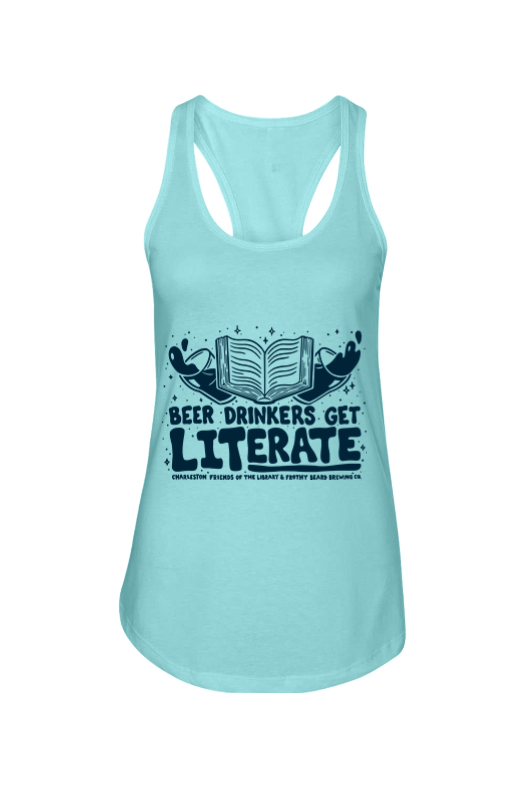 Light blue women's tank top with a graphic of an open book and whales, and text that reads 'Beer Drinkers Get Literate.'