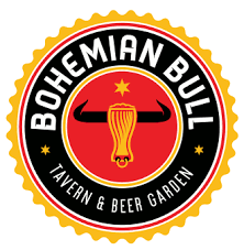 Bohemian Bull Tavern & Beer Garden logo with a red bull's head, beer mug, and gold seal