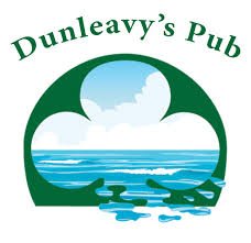 Logo for Dunleavy's Pub featuring a green circle with a cloud and ocean scene inside, and a boat in the water.