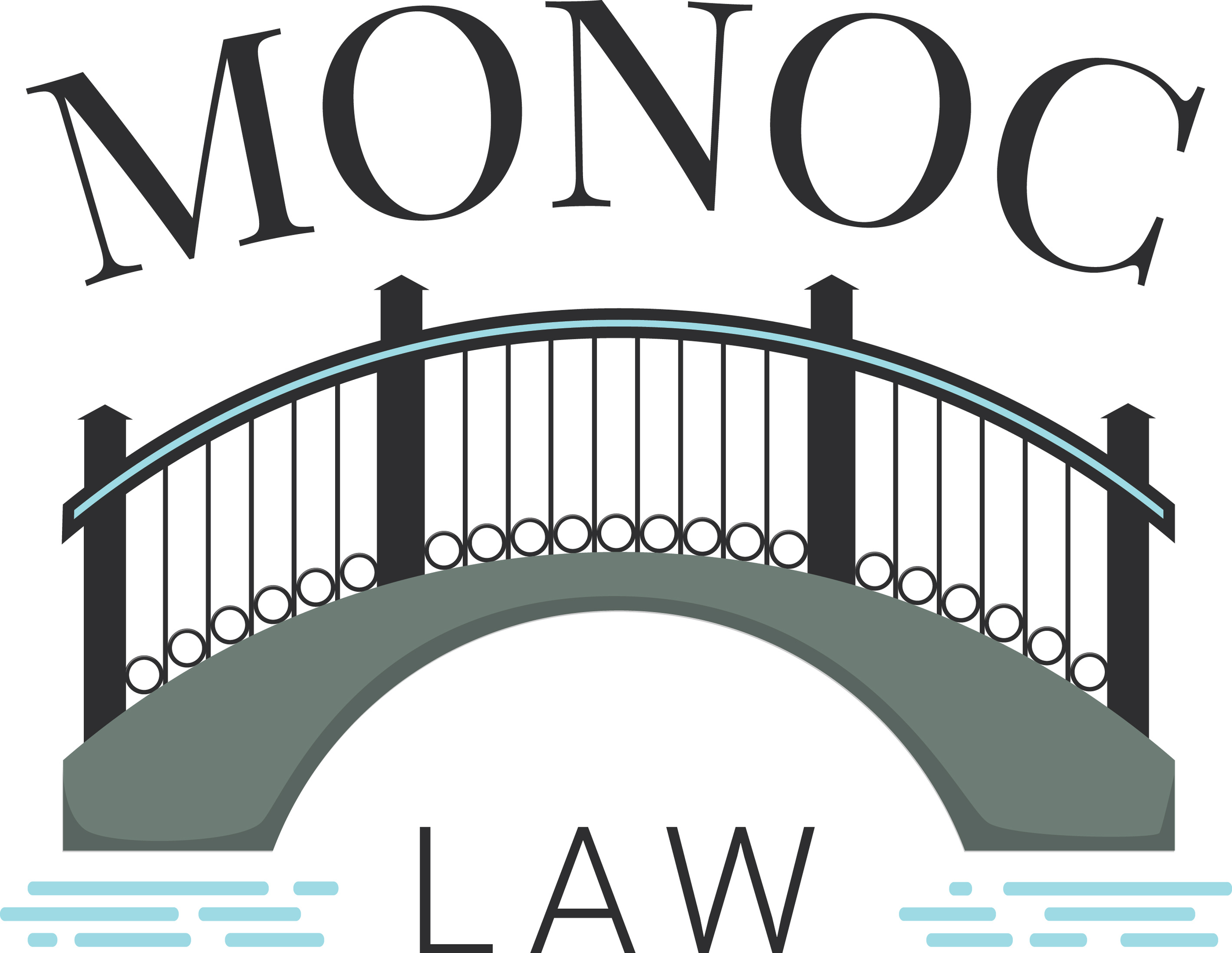 A stylized logo featuring a bridge with black vertical posts and a curved arch, with the words "MONOC LAW" above and below it, and blue water lines on either side.