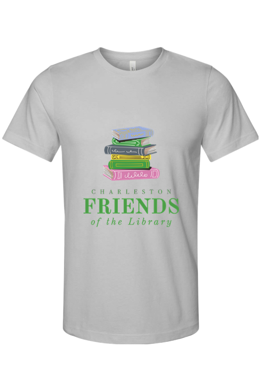 White T-shirt with a colorful book stack graphic and green text that reads "Charleston Friends of the Library."