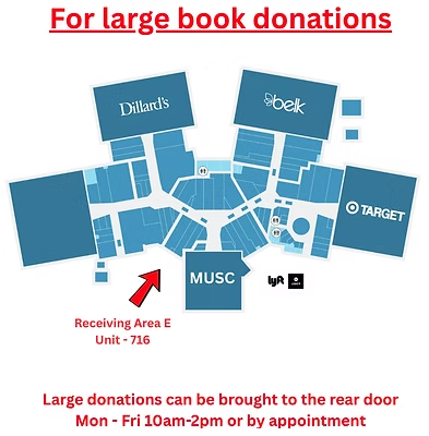 Citadel Mall map indicating the receiving area for large book donations at Unit 716, with instructions for donations and a rear door.