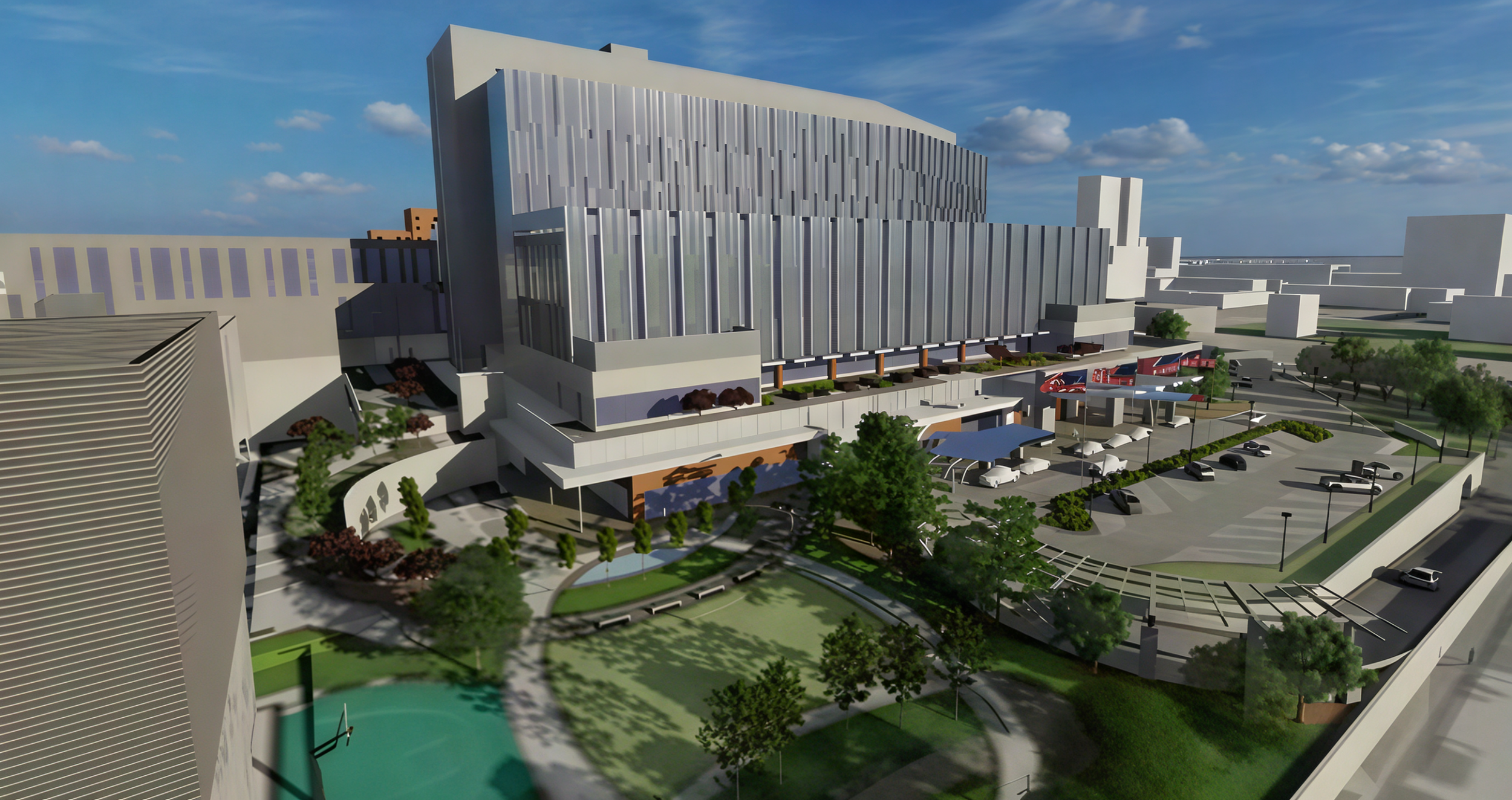 A detailed rendering of a modern urban development featuring a large multi-story building with vertical metallic panels, surrounding landscaped areas with trees, a parking lot, and outdoor seating areas, under a partly cloudy sky.