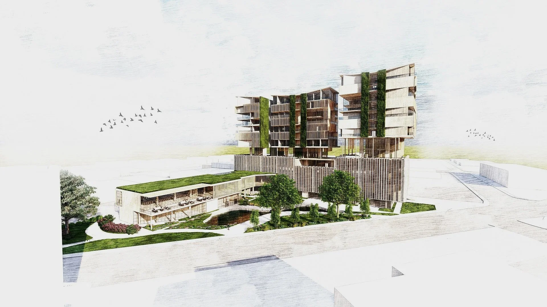 Architectural rendering of a modern multi-story building with green vertical gardens, surrounding landscaping, trees, and open areas.