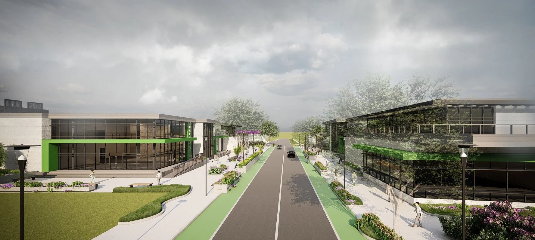 A modern urban street view with commercial buildings featuring large glass windows, landscaped sidewalks with benches and flowerbeds, pedestrians walking, street lamps, and a road with parked cars, under a cloudy sky.
