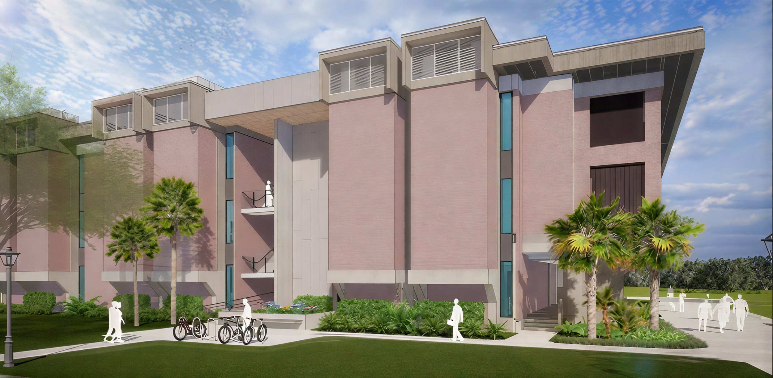 Artist's rendering of a modern residential apartment building with pink facade, balconies, and surrounding greenery including palm trees and shrubs. Sidewalks with people walking and bicyclists are visible.