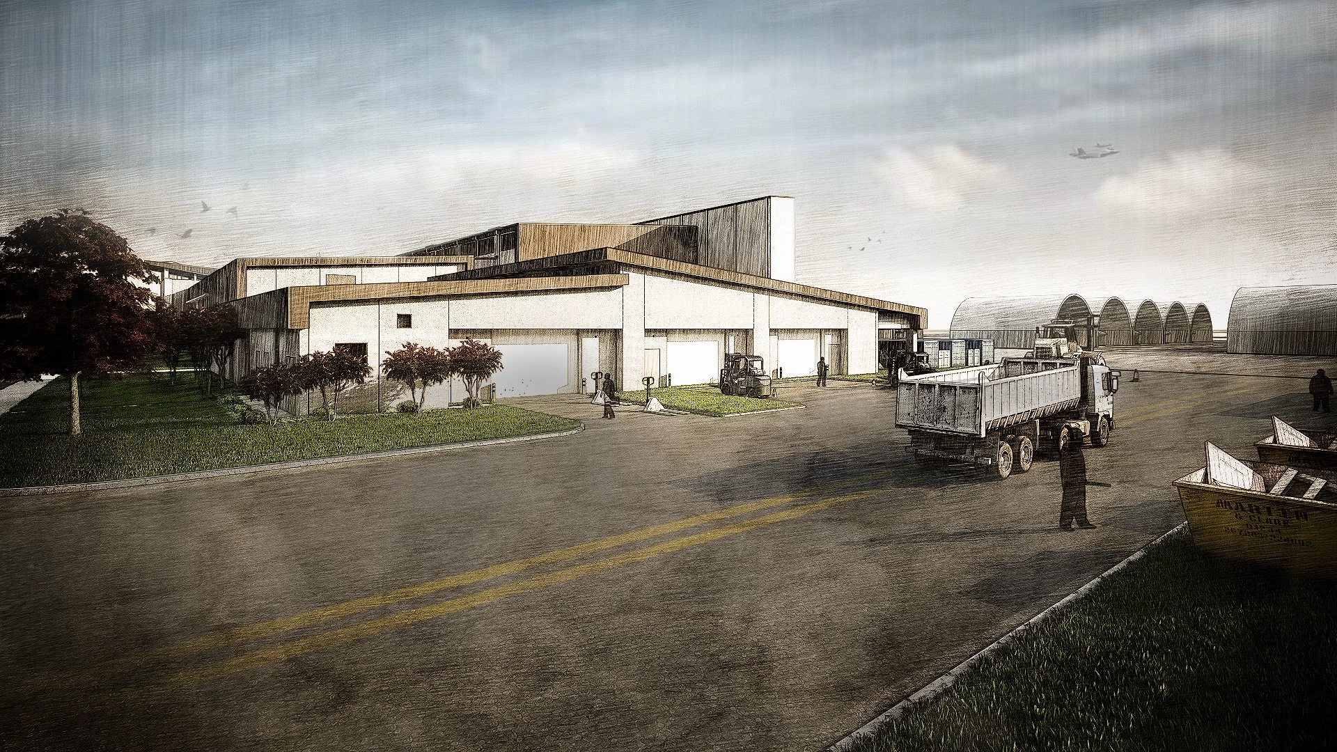 Artist's rendering of a modern warehouse or industrial building with people, trucks, and storage units, set against a cloudy sky with airplanes overhead.
