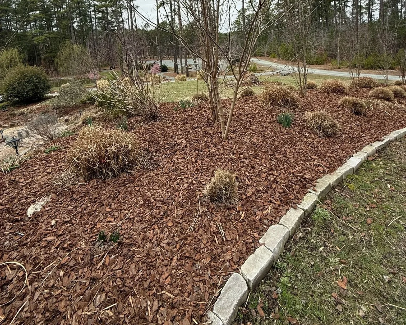 A landscaped garden bed with various dormant plants and bushes, edged with gray concrete blocks, and surrounded by a grassy lawn and trees in the background.