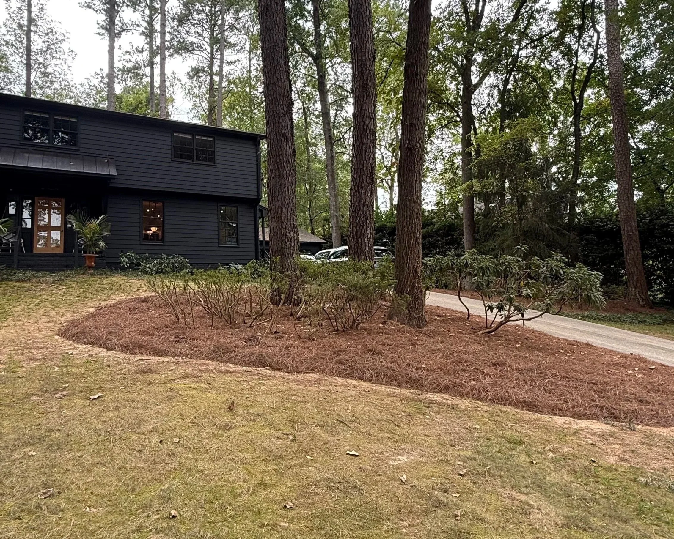 A house painted in dark color with large windows, nestled among tall trees in a wooded area, with a small garden and a car visible in the background.