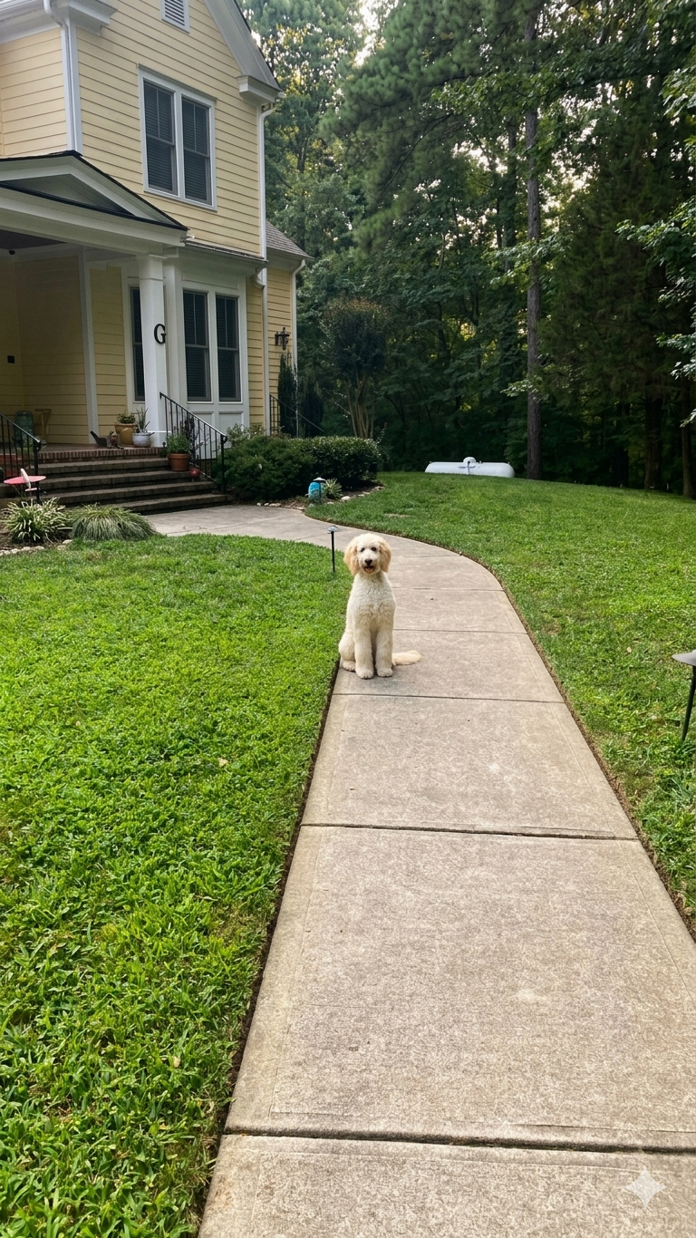 A white poodle dog sitting on a concrete sidewalk in front of a yellow house with a porch and black handrails, surrounded by green grass and trees in a backyard.