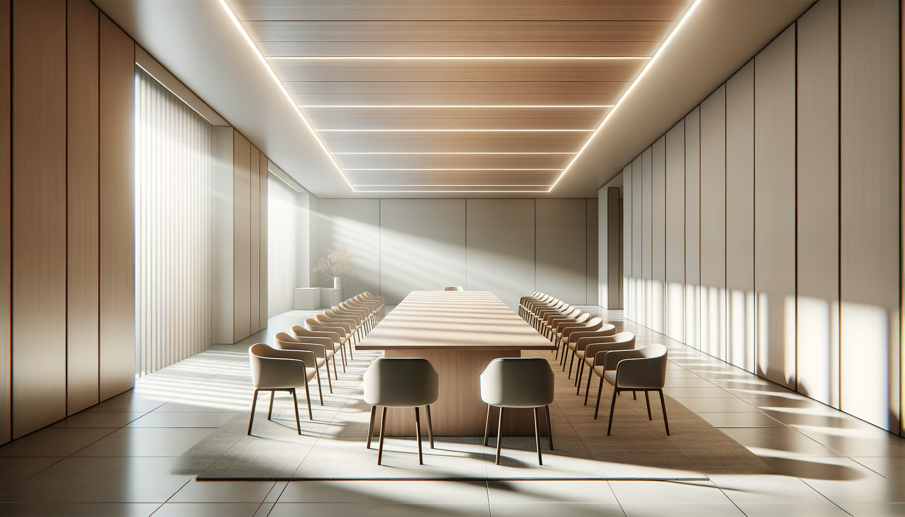 Modern conference room with long wooden table, matching chairs, and minimalist decor. Sunlight streams through vertical blinds, creating shadows on the tiled floor and white walls.