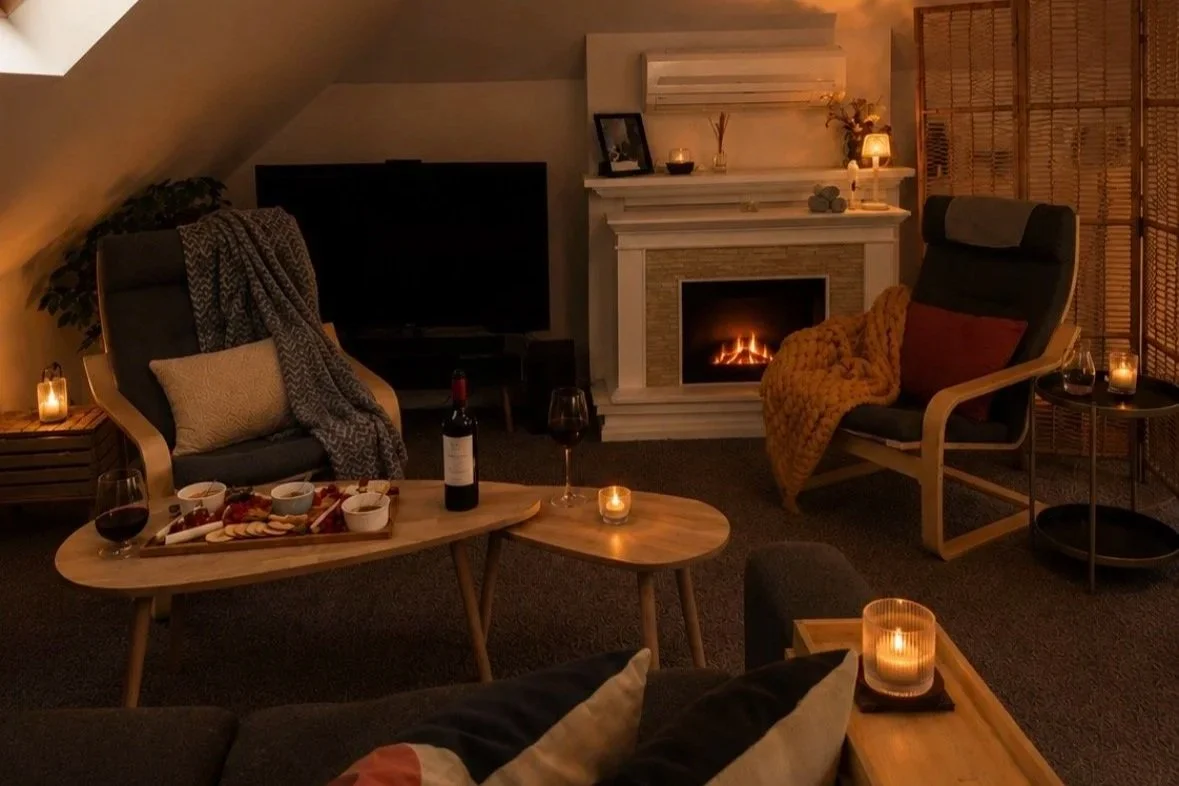 Cozy living room with two armchairs, a fireplace, a wooden coffee table with wine and snacks, and candles creating a warm ambiance.