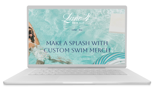 Laptop screen showing a swim club advertisement with the text 'Lone A Swim Club' and 'Make a splash with custom swim merch' against a background of a swimming pool.