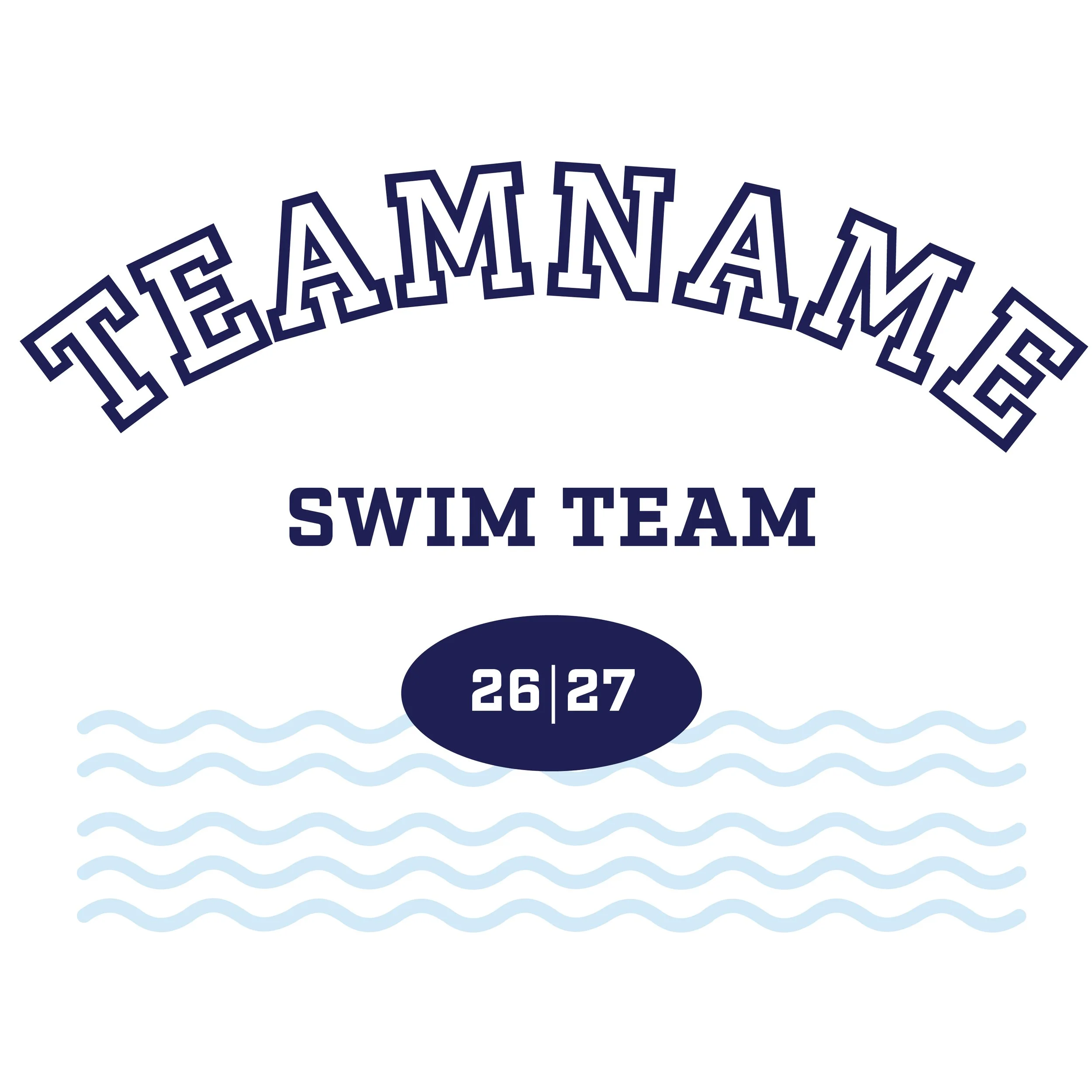 Design for Telame Swim Team with team name, competition numbers 26 and 27, and light blue wave graphics.