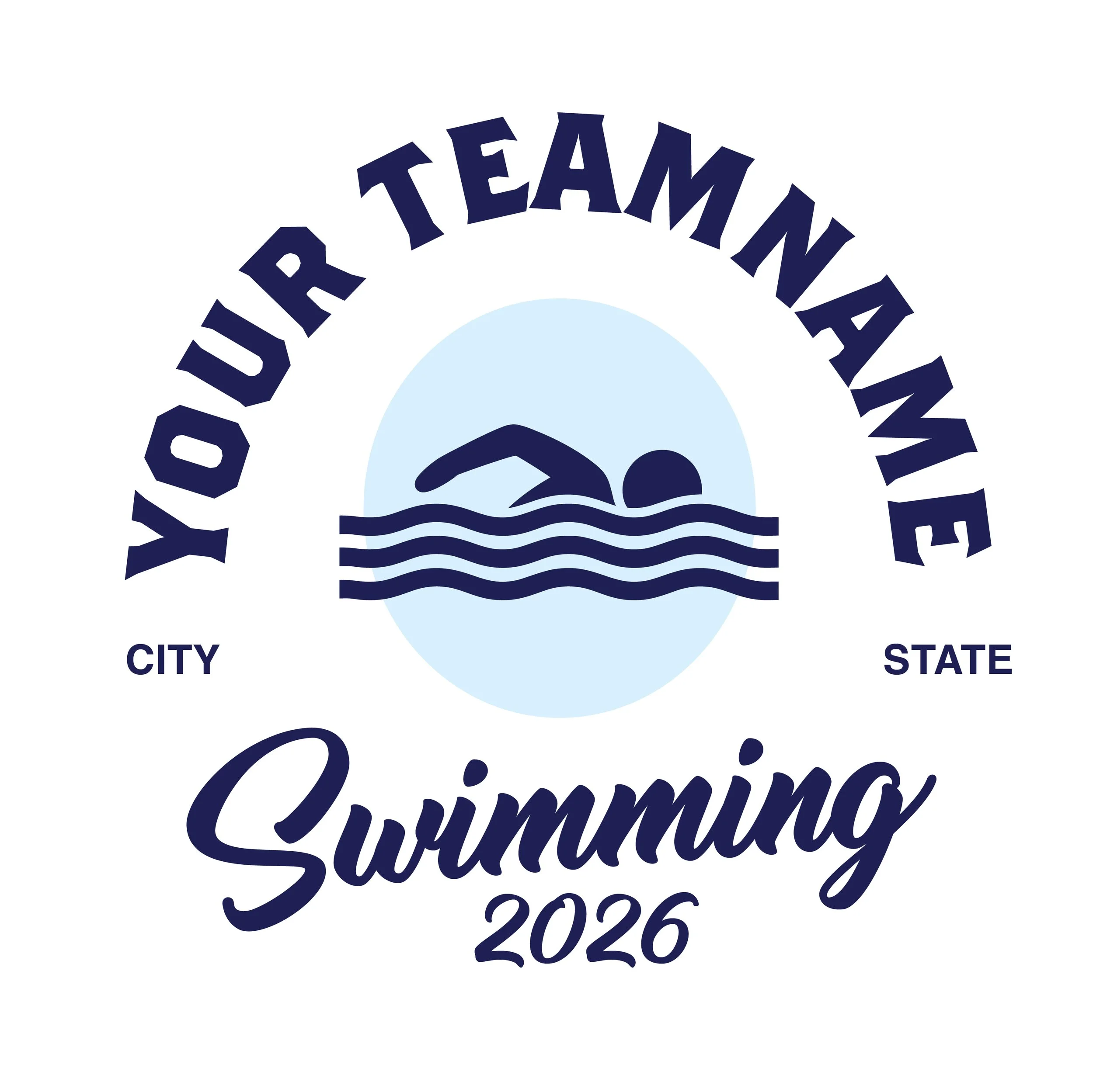 Logo for XYZ City Swimming 2026 featuring a swimmer icon and water waves.