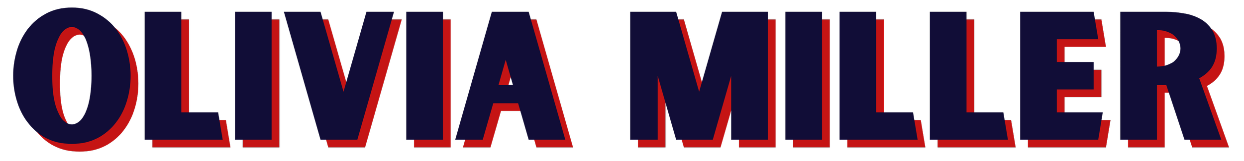Text image displaying the name 'Olivia Miller' with large, bold, navy blue letters outlined in red.