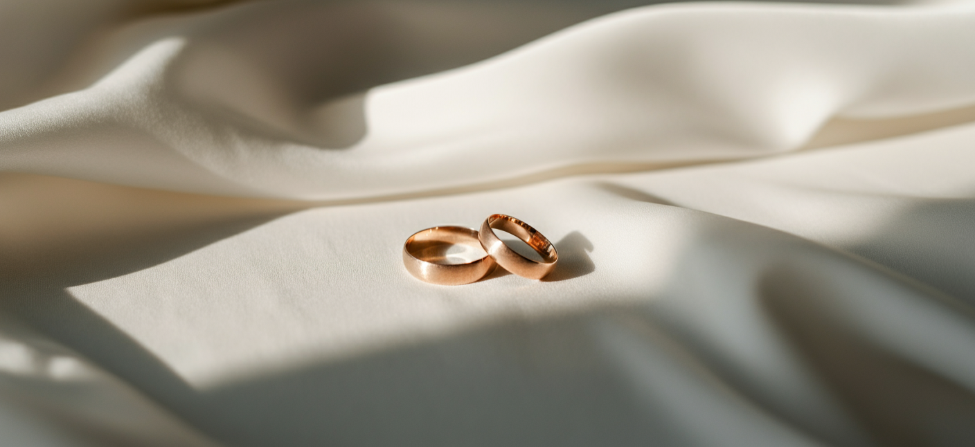 Two gold wedding rings on a white fabric surface with soft shadows.