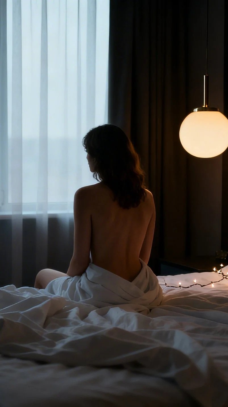 Une femme assise sur un lit partiellement recouverte d'une serviette, regardant par une fenêtre aux rideaux semi-transparents, dans une pièce sombre avec un luminaire suspendu et des guirlandes de lumières