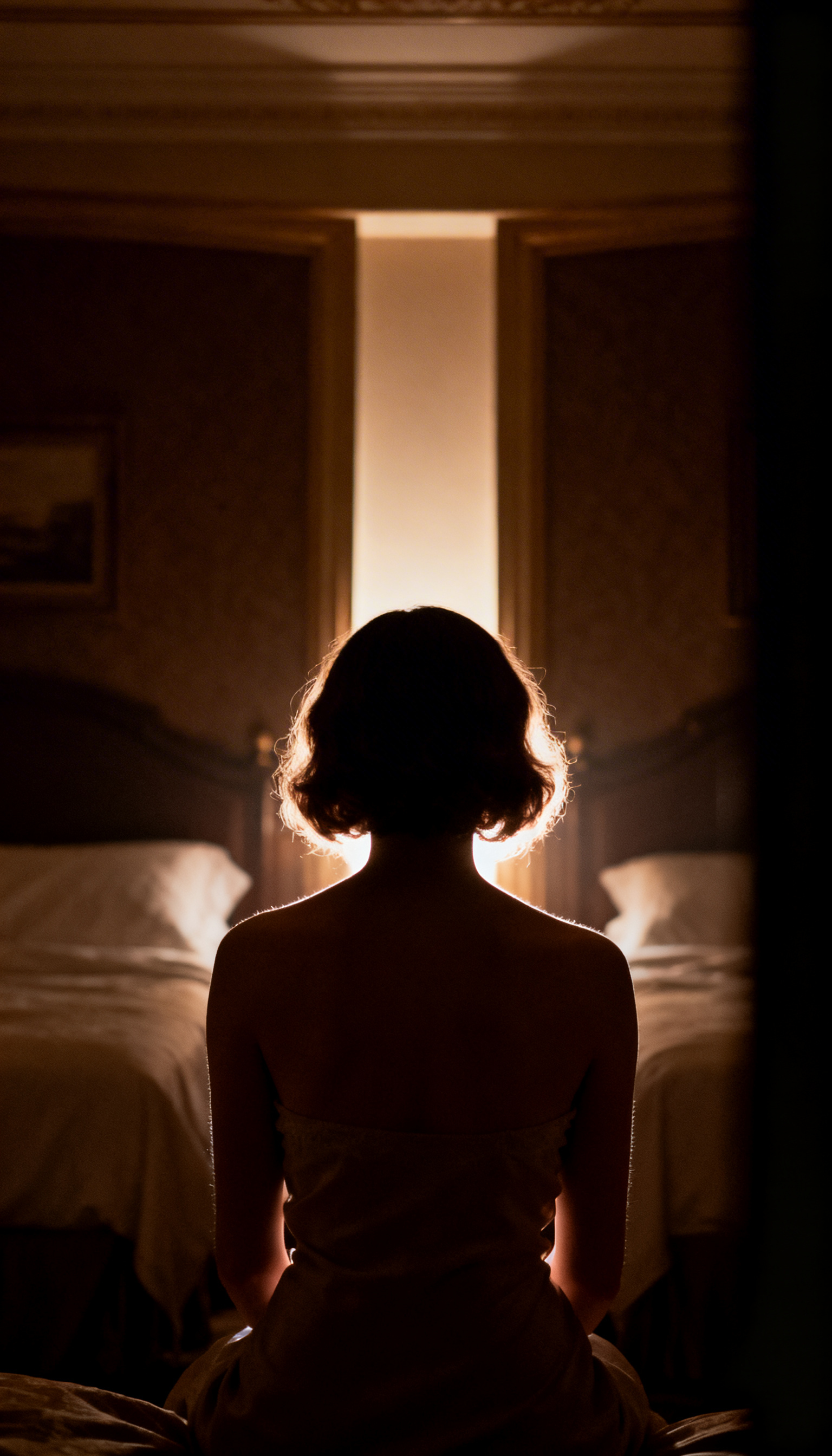 Femme assise sur un lit dans une pièce sombre, éclairée par une lumière derrière elle.