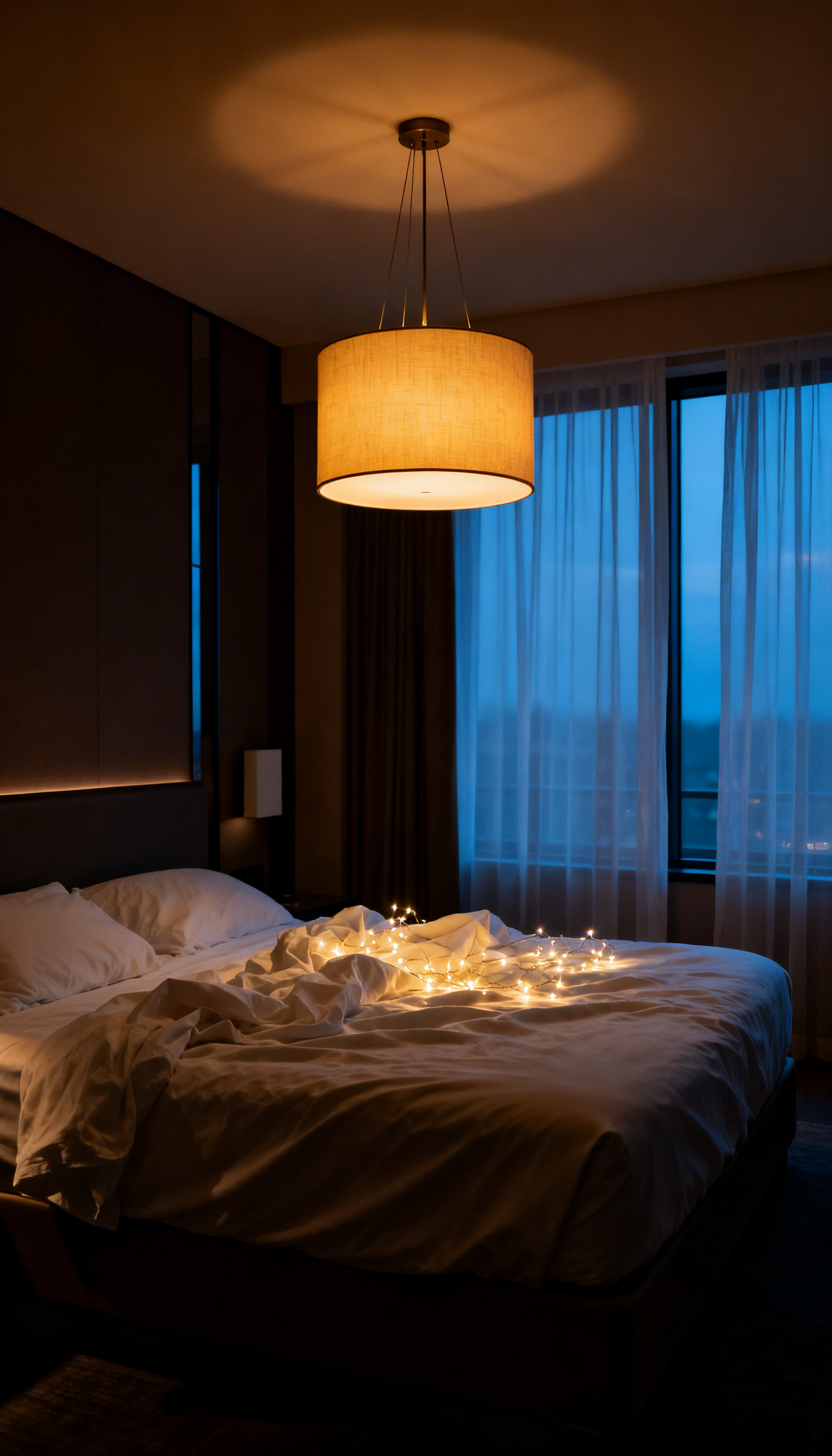 Chambre à coucher sombre avec un lit non fait, éclairé par des guirlandes lumineuses sur le lit, et une suspension suspendue au plafond.