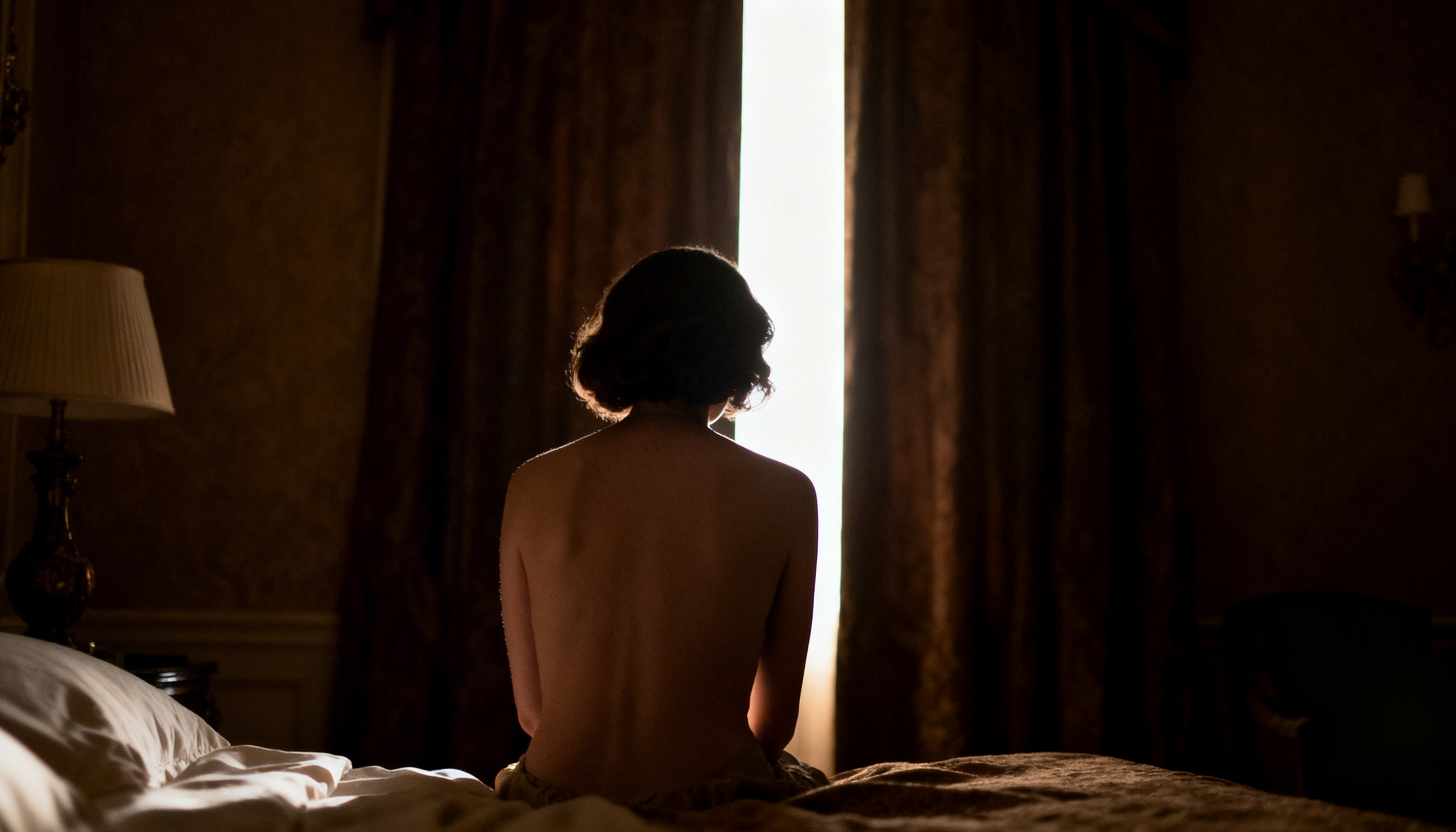 Une femme nue assise sur un lit dans une pièce sombre, devant une fenêtre avec des rideaux qui laissent passer la lumière naturelle.