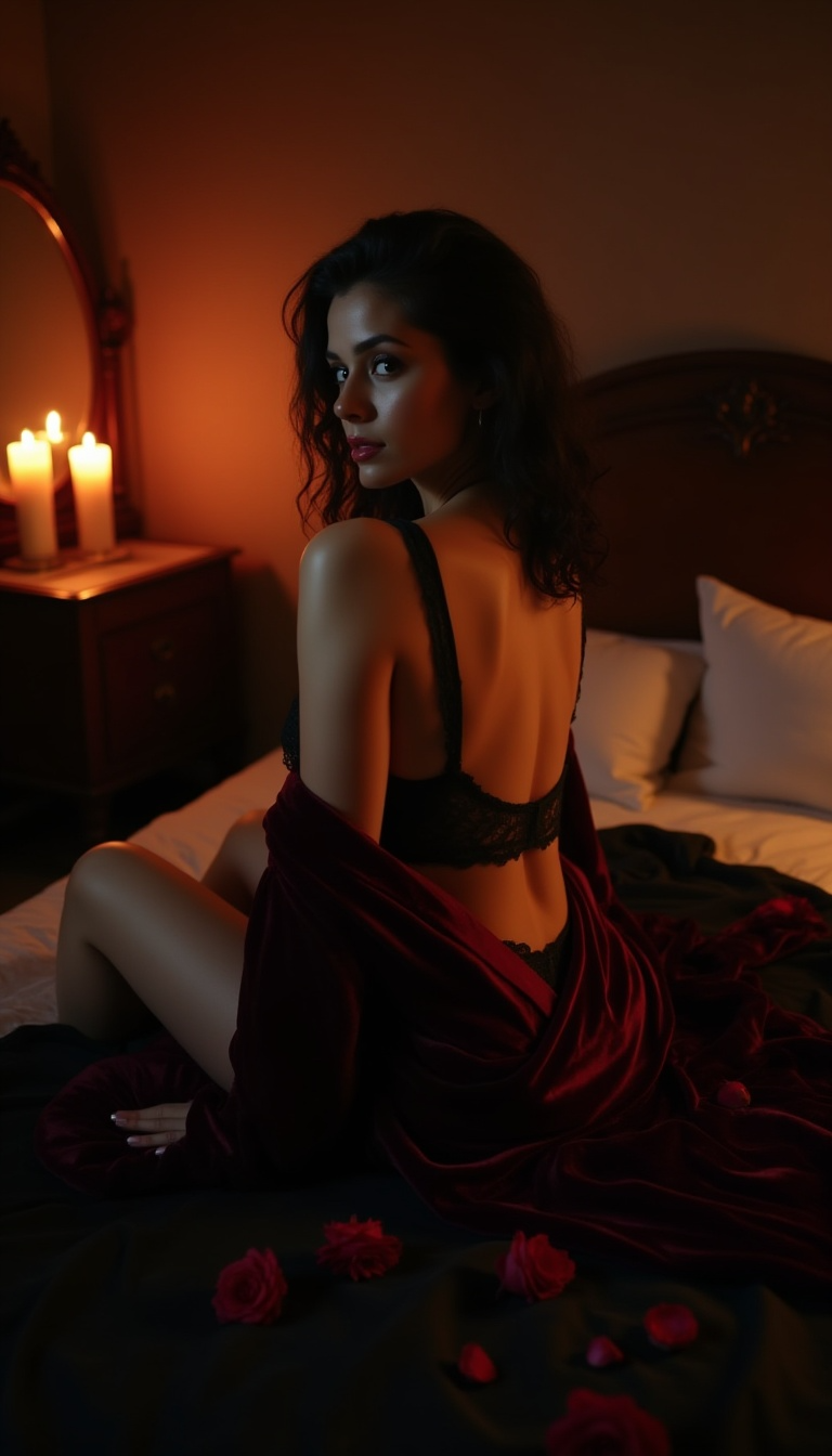 Une femme assise sur un lit dans une pièce tamisée avec des bougies sur une table de chevet, portant un vêtement en satin rouge et un bustier en dentelle noire.