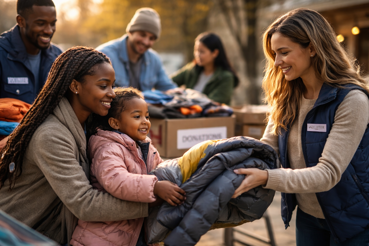 Volunteer woman handing a blanket to a smiling woman and a child at a donation event with volunteers and donations in the background.