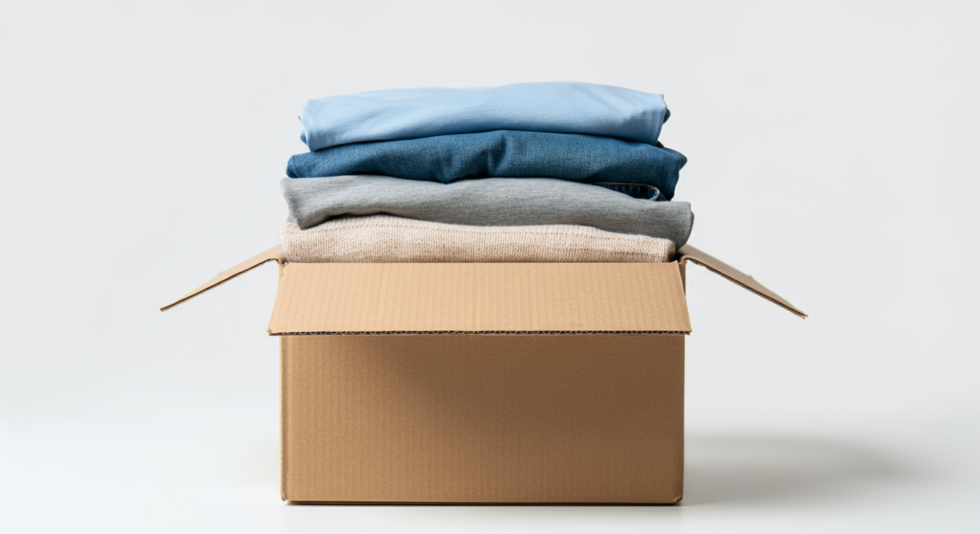 A cardboard box filled with neatly folded clothes in various shades of blue, gray, and beige against a plain white background.