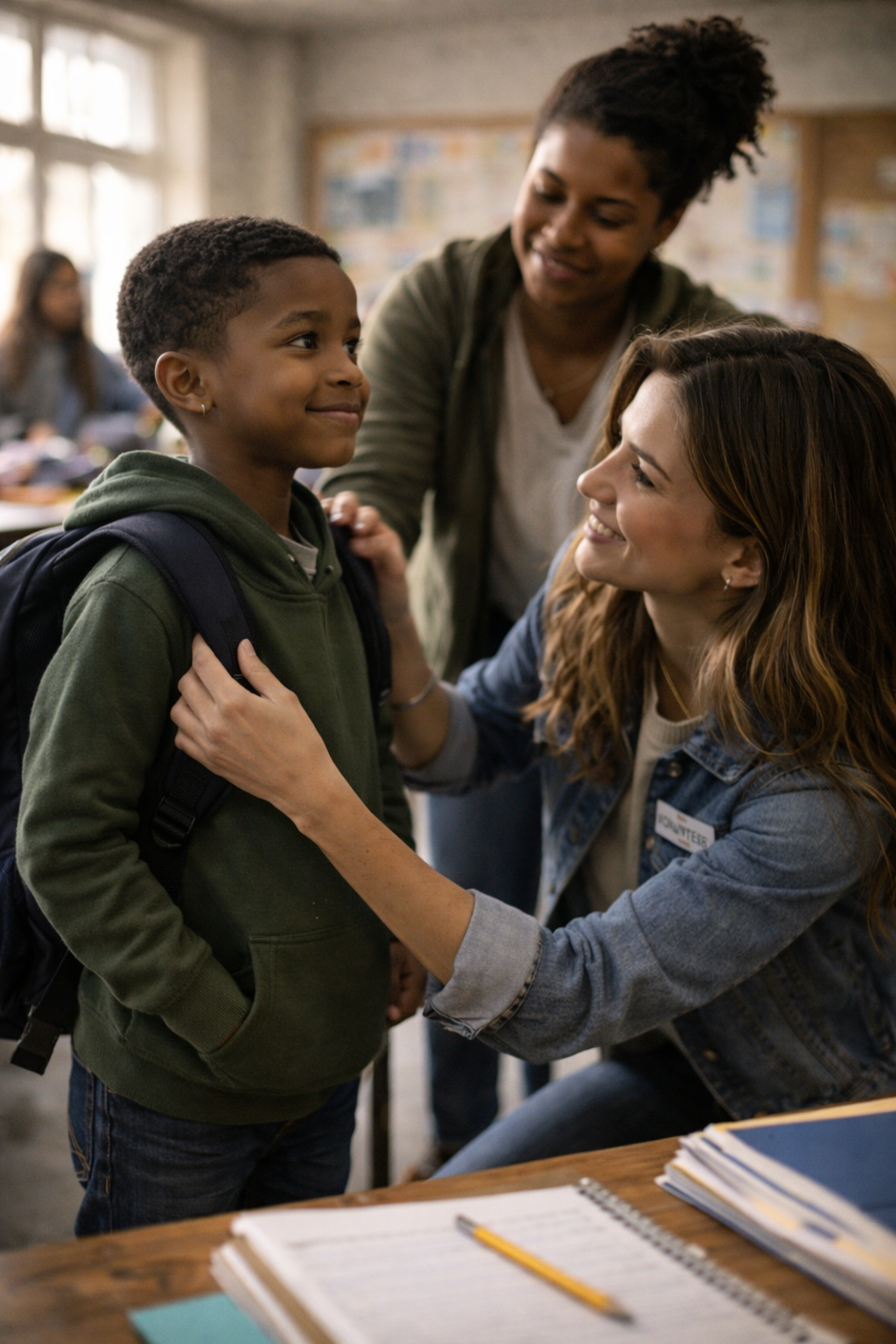A young boy with a backpack smiling and talking to a woman who is kneeling and smiling back at him, while another woman looks on, in a classroom setting.